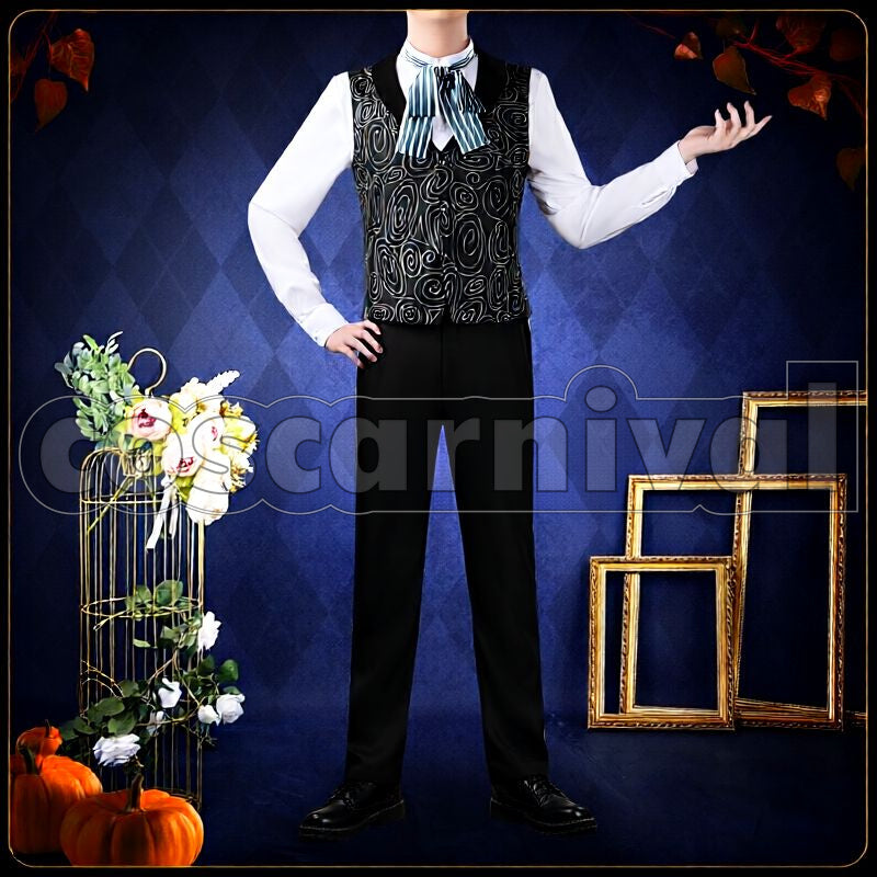 Clover Lost in the Book with Tim Burton's The Nightmare Before Christmas Halloween Cosplay cosplay costume from Disney Twisted-Wonderland Trey, front view 4