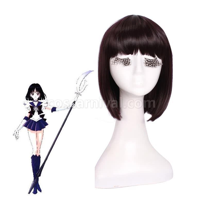 30cm black purple wig sailormoon tomoe hotaru neat bangs girls hair cosplay costume
