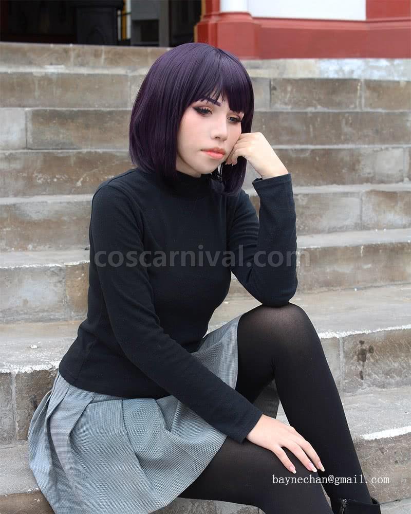 30cm black purple wig sailormoon tomoe hotaru neat bangs girls hair cosplay costume