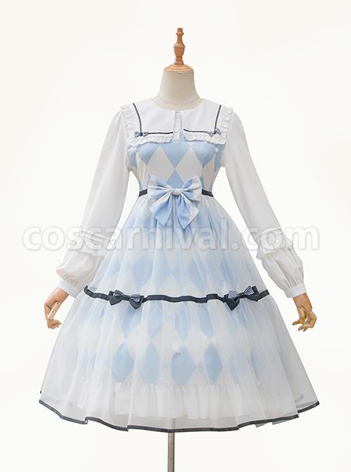 Alice-Series-OP-Blue-And-White-Diamond-Shape-Design-Pleated-Square-Neck-Bunny-Ear-Decoration-Classic-Lolita-Long-Sleeve-Dress-coscarnival-4299