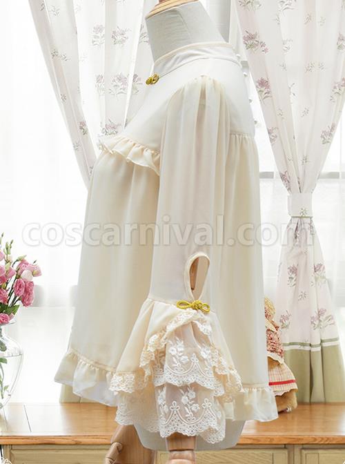 Apricot Chiffon Ruffle Chinese Style Small Stand Collar Classic Lolita Shirt