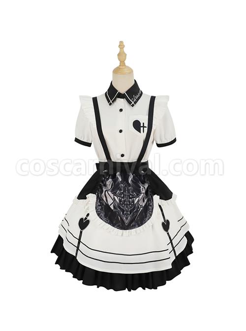 Aries Series JSK British Style Maid Outfit Black Printing Decoration Bow Knots Pleated Lace Gothic Lolita Short Sleeve Dress Set coscarnival