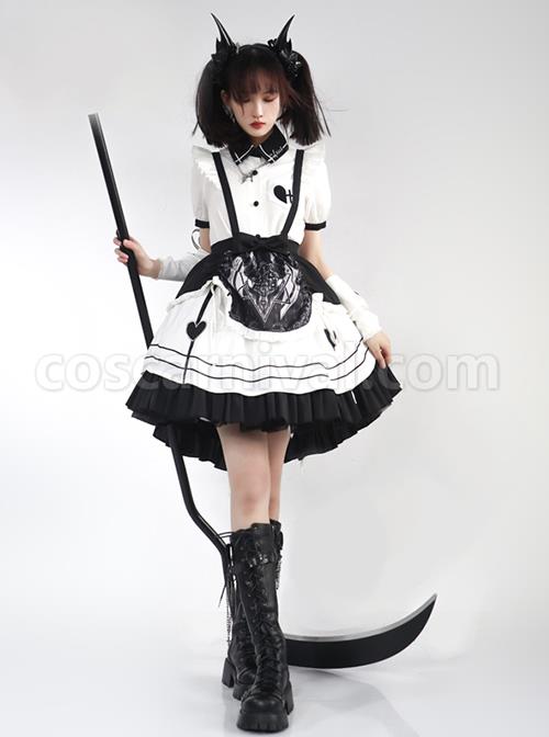 Aries Series JSK British Style Maid Outfit Black Printing Decoration Bow Knots Pleated Lace Gothic Lolita Short Sleeve Dress Set coscarnival
