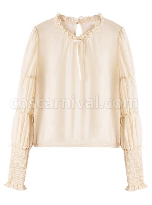 August Night Series Apricot Chiffon Long Sleeves Pleated Adjustable Elastic Crinkle Lace Crew Neck Classic Lolita Blouse coscarnival