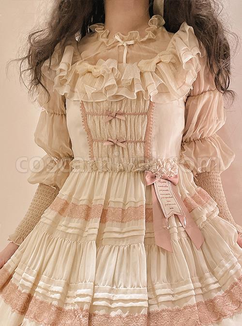 August Night Series Apricot Chiffon Long Sleeves Pleated Adjustable Elastic Crinkle Lace Crew Neck Classic Lolita Blouse coscarnival