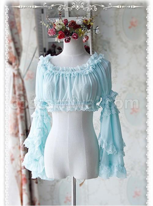 Baby Blue Chiffon Lolita Super Short Top With Detachable trumpet Sleeve coscarnival