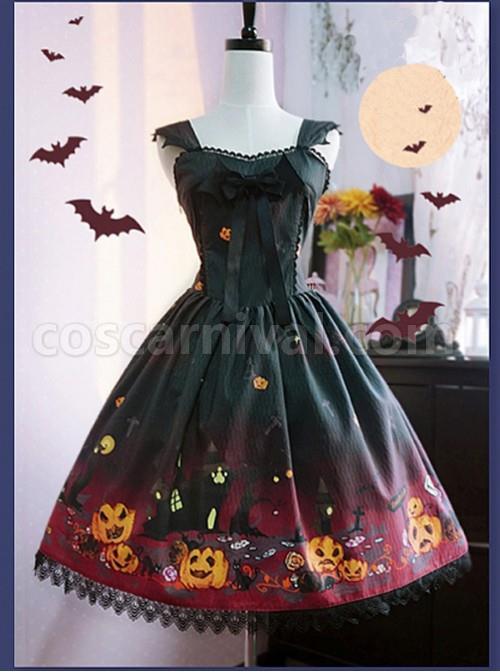 Black And Red Halloween Themed Pumpkin Printed Self Cultivation Skirt coscarnival