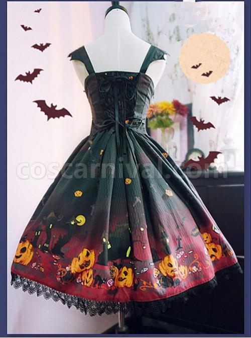Black And Red Halloween Themed Pumpkin Printed Self Cultivation dress