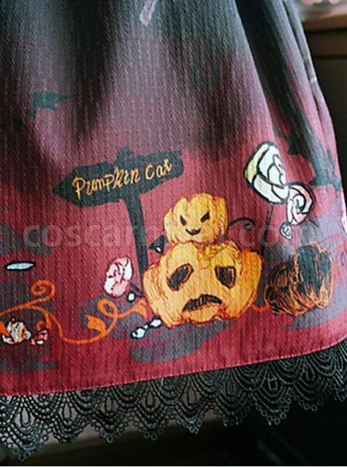Black And Red Halloween Themed Pumpkin Printed Self Cultivation dress