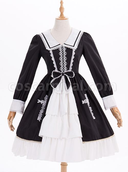 Black And White Bowknot Lace Crucifix Gothic Lolita Lapel Long Sleeve Dress coscarnival