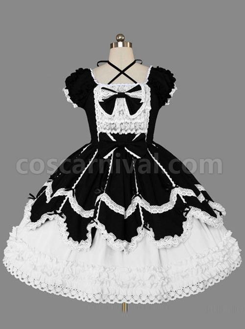 Black And White Cotton Elegant Gothic Lolita Short Sleeves Dress coscarnival