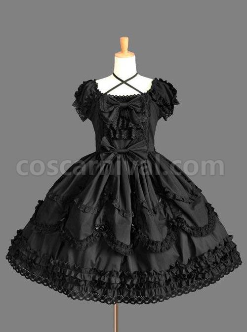 Black And White Cotton Elegant Gothic Lolita Short Sleeves Dress