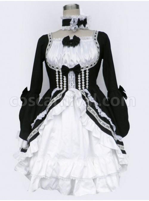 Black And White Long Sleeves Bow Cotton Gothic Lolita Dress coscarnival