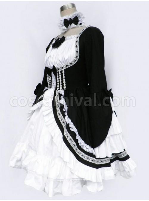 Black And White Long Sleeves Bow Cotton Gothic Lolita Dress