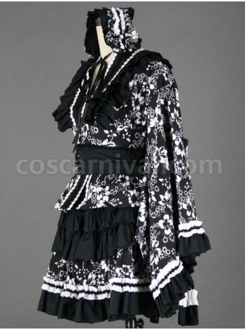 Black And White Long Sleeves Cotton Gothic Lolita Dress