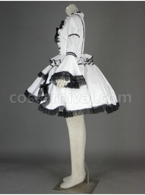 Black And White Long Sleeves Lace Trim Cotton Gothic Lolita Dress