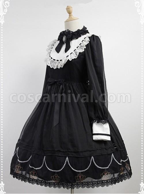 Black And White Long Sleeves OP With Crown Printed dress Hemline
