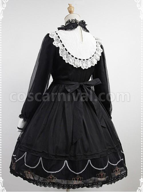 Black And White Long Sleeves OP With Crown Printed dress Hemline