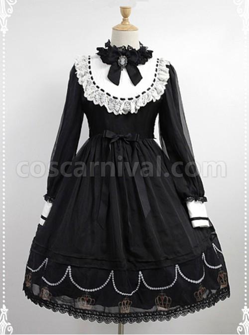 Black And White Long Sleeves OP With Crown Printed Skirt Hemline coscarnival