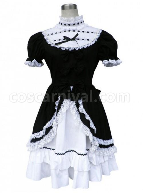 Black And White Short Sleeves Bow Cotton Gothic Lolita Dress coscarnival