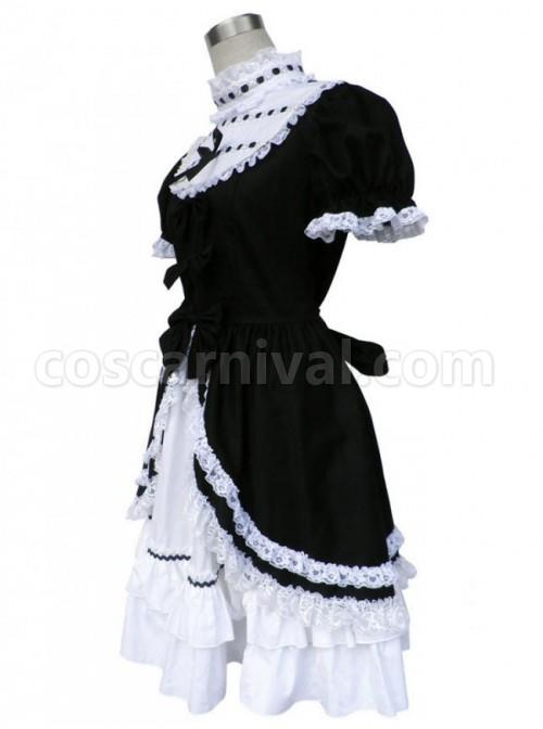 Black And White Short Sleeves Bow Cotton Gothic Lolita Dress coscarnival