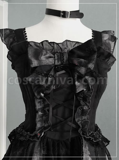 Black Chiffon Lace-up Gothic Lolita Sling Dress coscarnival