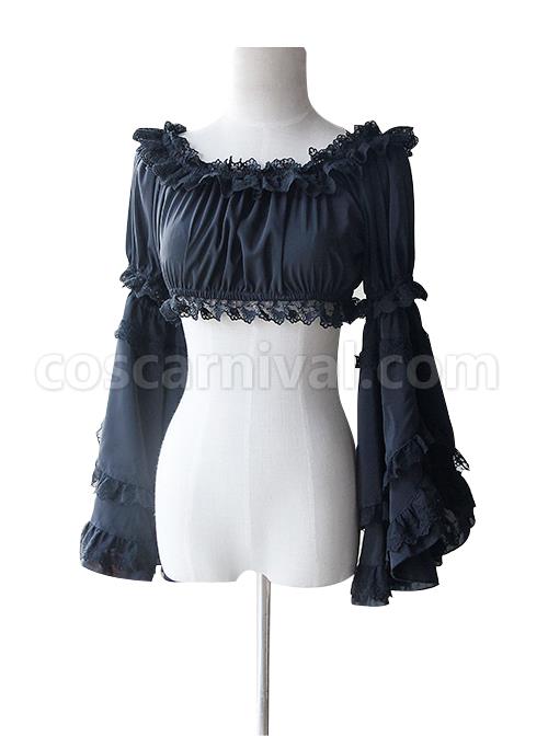 Black Chiffon Lolita Super Short Top With Detachable trumpet Sleeve coscarnival