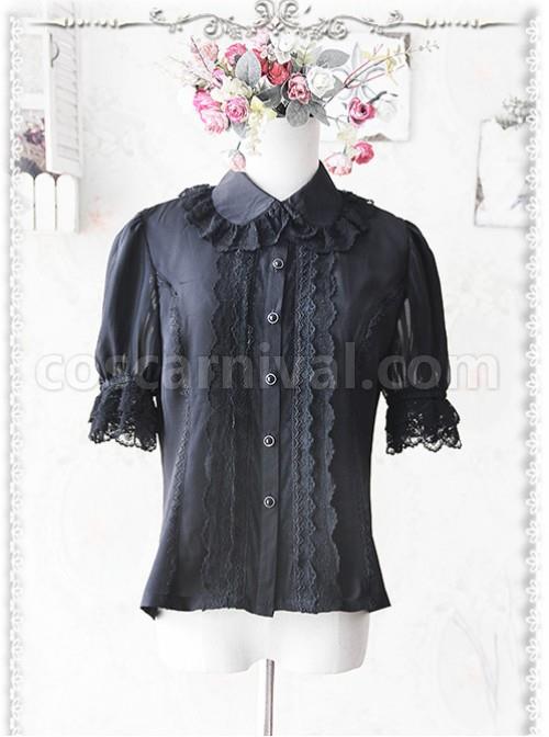 Black Elegance Lace Glass Stripes Short Sleeve Lolita Shirt coscarnival