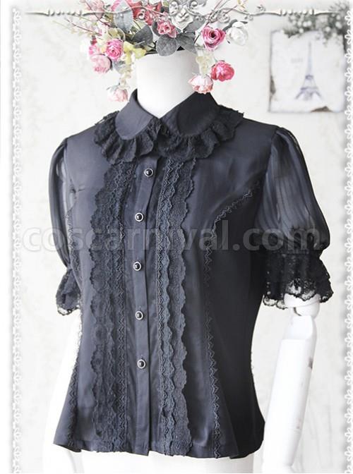 Black Elegance Lace Glass Stripes Short Sleeve Lolita Shirt coscarnival