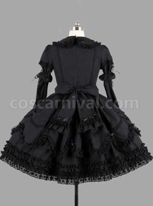 Black Elegant Bows Cotton Gothic Lolita Long Sleeve Dress coscarnival