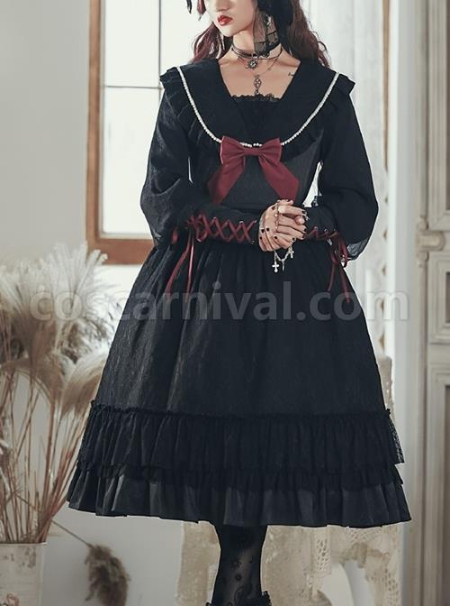 Black Elegant Lace Pearl Chiffon Lapel Bow-Knot Frenulum Pearl Cuffs Gothic Lolita Long Sleeve Dress coscarnival