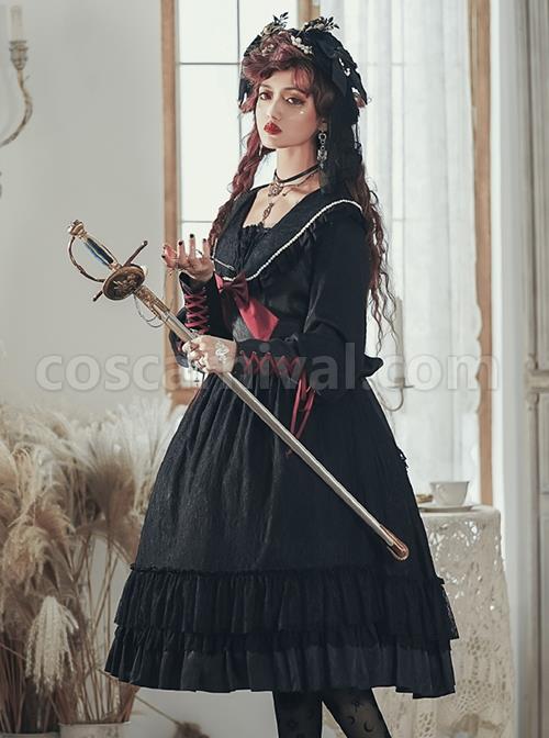 Black Elegant Lace Pearl Chiffon Lapel Bow-Knot Frenulum Pearl Cuffs Gothic Lolita Long Sleeve Dress