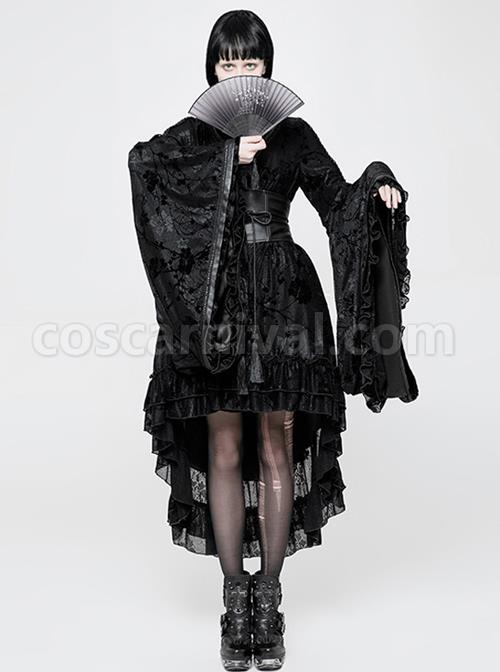 Black Flocking Printing Gothic Lolita Kimono Dress coscarnival