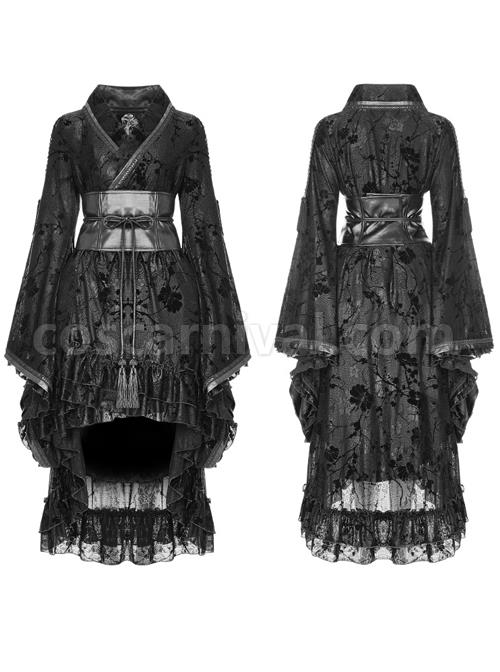Black Flocking Printing Gothic Lolita Kimono Dress coscarnival