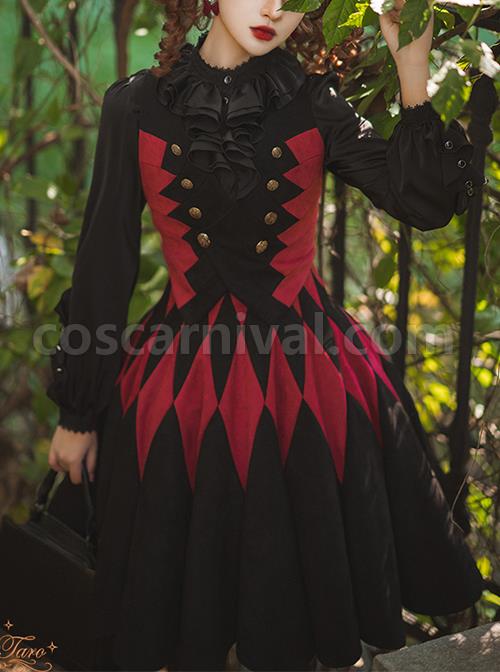 Black Forest Series Halloween Style Rhombus Red And Black Plaid Design Double Row Metal Buttons Classic Lolita Vest