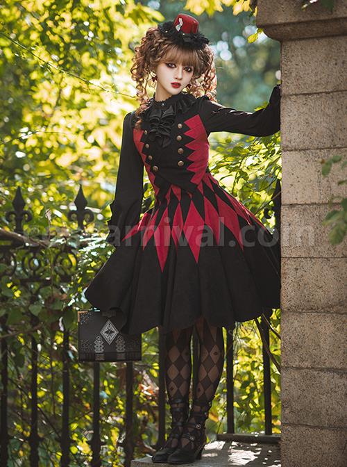 Black Forest Series Halloween Style Rhombus Red And Black Plaid Design Double Row Metal Buttons Classic Lolita Vest