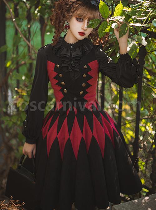 Black Forest Series Halloween Style Rhombus Red And Black Plaid Design Double Row Metal Buttons Classic Lolita Vest