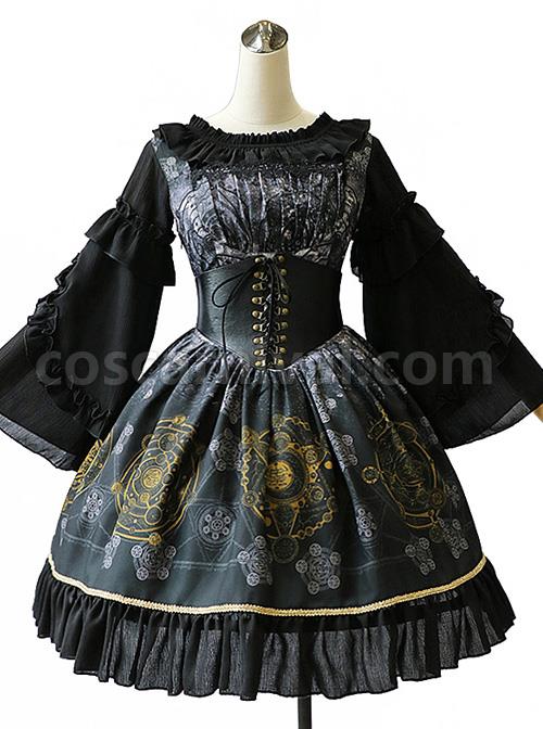 Black Grey Meteorite Magic Printed Lolita Dress coscarnival