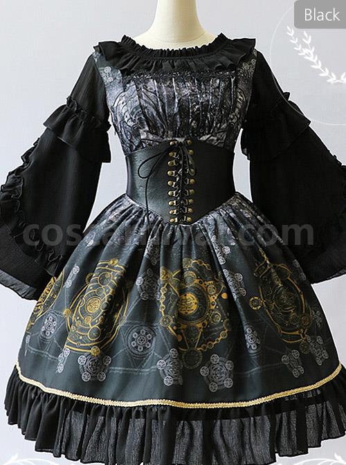 Black Grey Meteorite Magic Printed Lolita Dress coscarnival