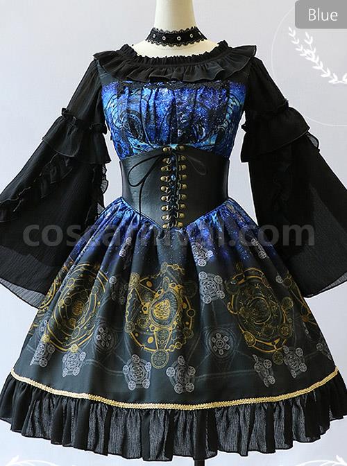 Black Grey Meteorite Magic Printed Lolita Dress coscarnival