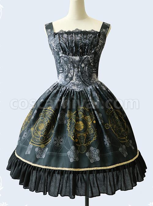 Black Grey Meteorite Magic Printed Lolita Dress coscarnival