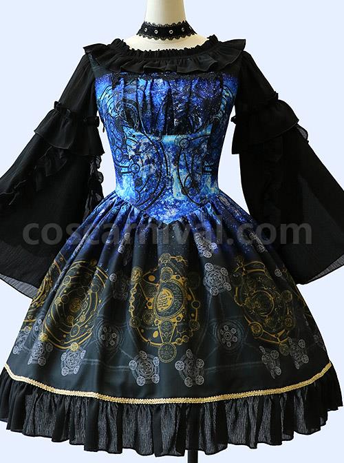 Black Grey Meteorite Magic Printed Lolita Dress coscarnival