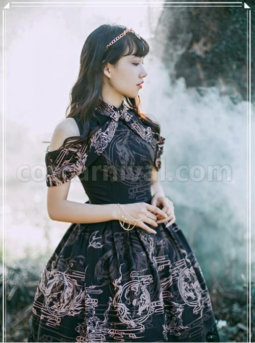 Black Kowloon Missing Shoulder Print Dress coscarnival