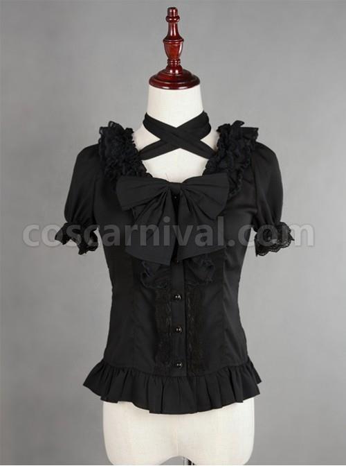 Black Lace Short Sleeve And Flare Sleeve Lolita Hang The neck Blouse coscarnival