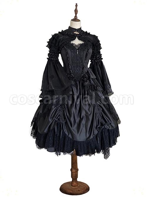 Black Lace Sling Corset Tail Top Flared Long Sleeve Fashion Ruffle Shawl Gothic Lolita Dress Set coscarnival
