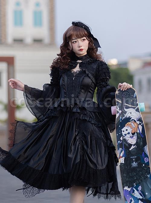 Black Lace Sling Corset Tail Top Flared Long Sleeve Fashion Ruffle Shawl Gothic Lolita Dress Set coscarnival