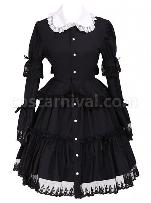 Black Lapel Ruffle Gothic Lolita Long Sleeve Dress coscarnival
