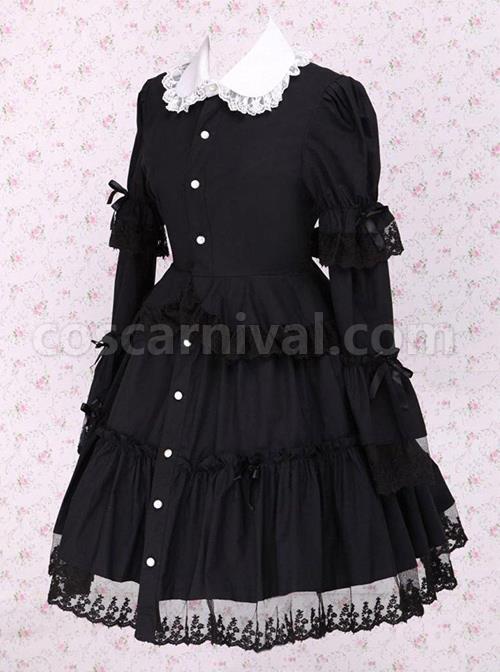 Black Lapel Ruffle Gothic Lolita Long Sleeve Dress coscarnival