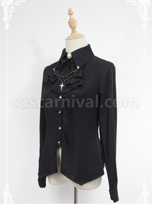Black Long Sleeve Cotton Stand Collar Bead Chain Lolita Blouse coscarnival