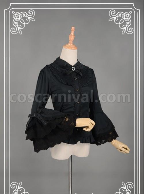 Black Retro Mercerized Cotton Lace Flare Sleeve Lolita Blouse coscarnival